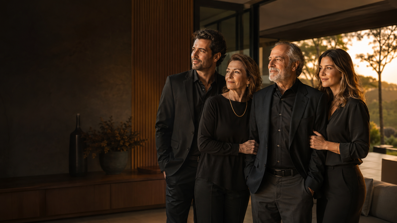 Família reunida em ambiente sofisticado