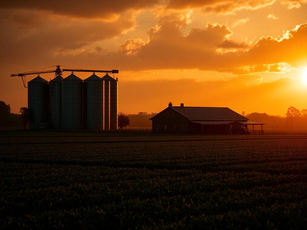 Fazenda com silos ao entardecer em Mato Grosso